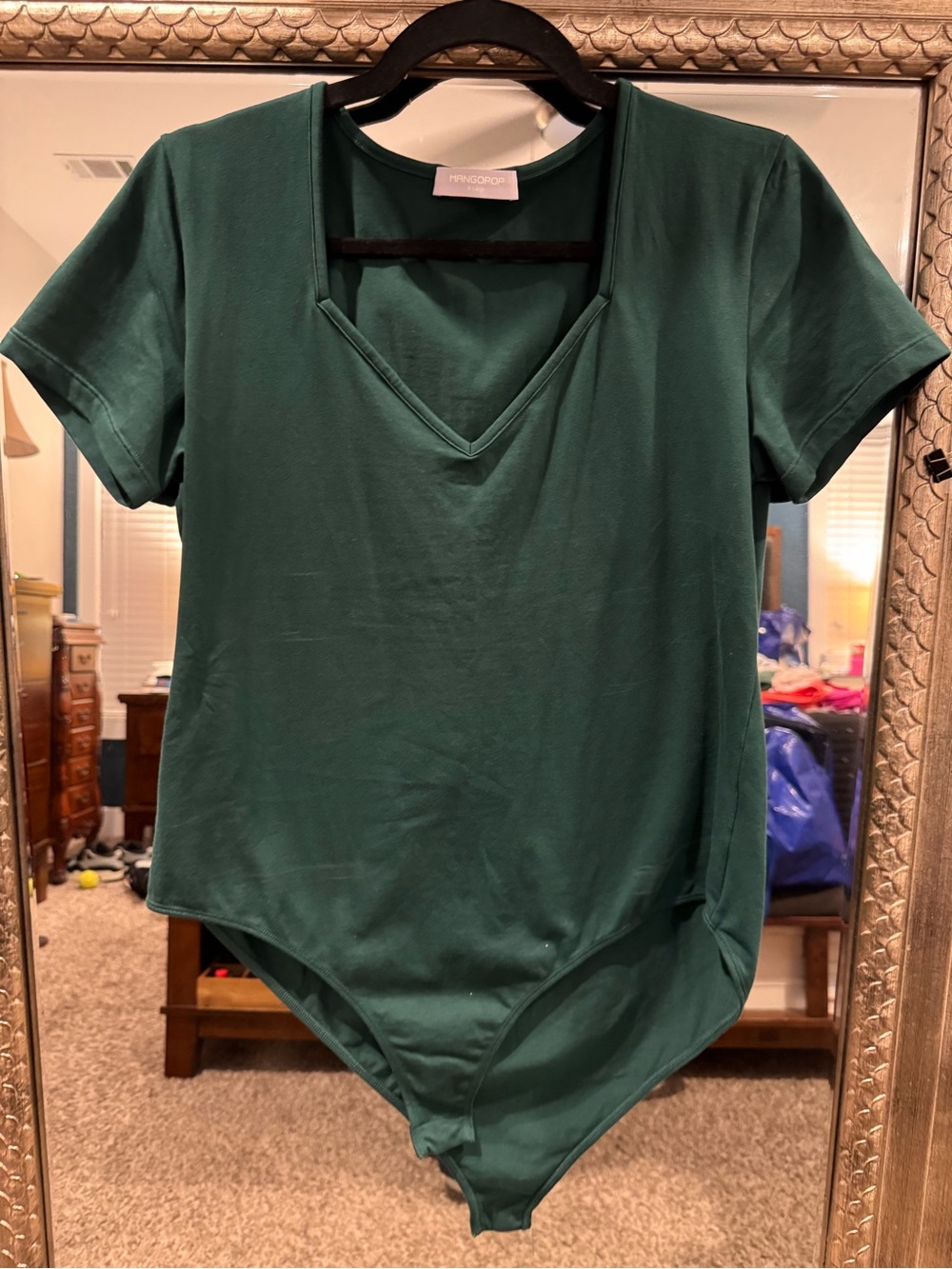 Mango Deep Green V-Neck Short Sleeve Bodysuit